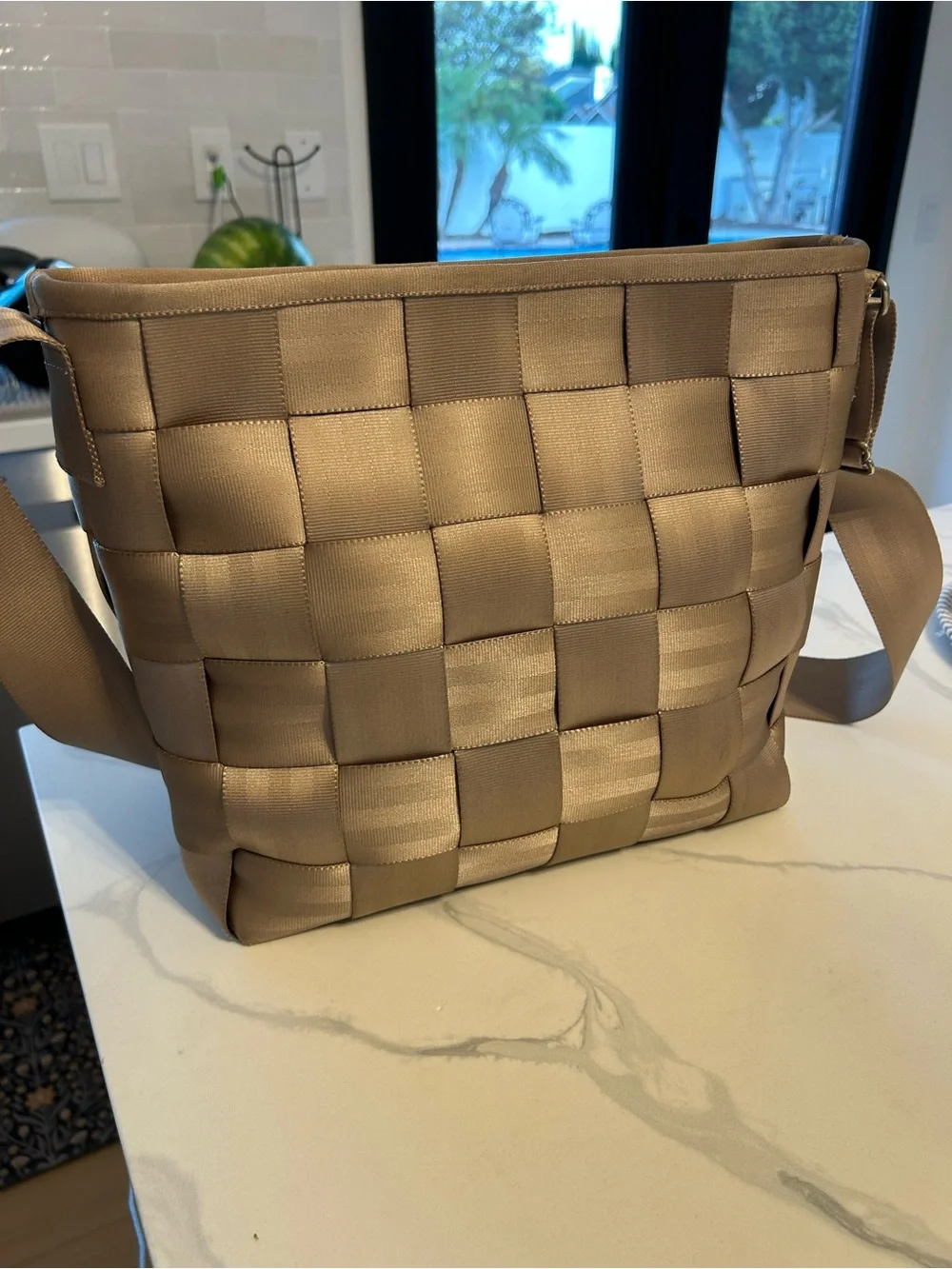 Harvey’s The Original Crossbody Shoulder Bag - Taupe. 13” x 11” x 4”